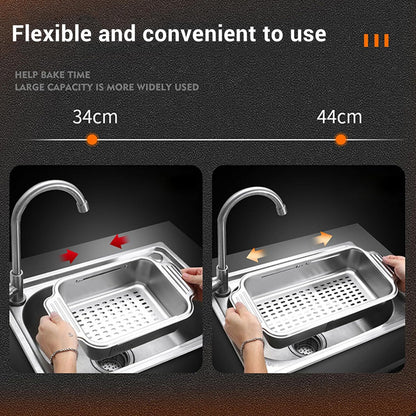 Extendable Over The Sink Basket Expandable Stainless Steel Colander 304 Food Grade Strainer for Washing Vegetables Fruits Pasta Dishes with Rubber Grip Handles (S)