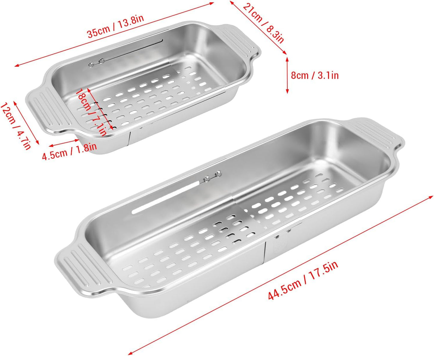 Extendable Over The Sink Basket Expandable Stainless Steel Colander 304 Food Grade Strainer for Washing Vegetables Fruits Pasta Dishes with Rubber Grip Handles (S)