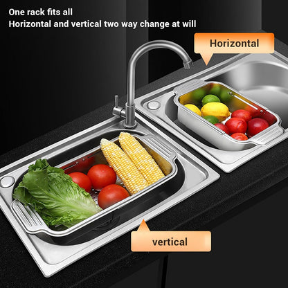 Extendable Over The Sink Basket Expandable Stainless Steel Colander 304 Food Grade Strainer for Washing Vegetables Fruits Pasta Dishes with Rubber Grip Handles (S)