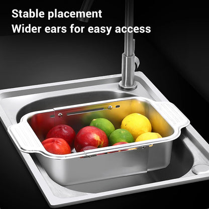 Extendable Over The Sink Basket Expandable Stainless Steel Colander 304 Food Grade Strainer for Washing Vegetables Fruits Pasta Dishes with Rubber Grip Handles (S)