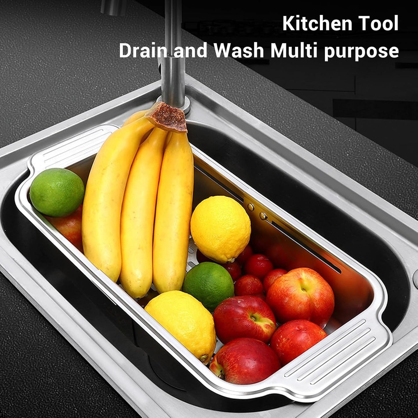 Extendable Over The Sink Basket Expandable Stainless Steel Colander 304 Food Grade Strainer for Washing Vegetables Fruits Pasta Dishes with Rubber Grip Handles (S)