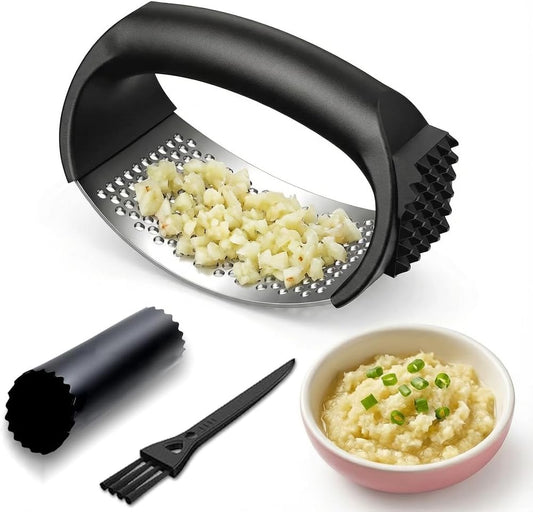 Stainless Steel Garlic Press Rocker Set – Ergonomic Garlic Crusher and Mincer Tool for Effortless Pressing. Includes Silicone Peeler and Cleaning Brush. Dishwasher Safe Kitchen Gadget (Black Handle)