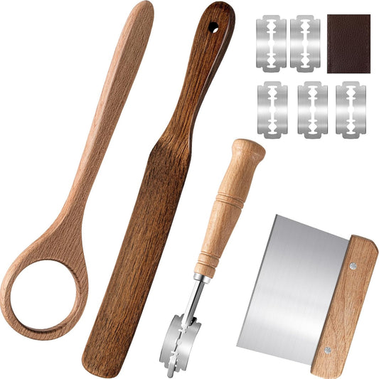 4 Pcs Sourdough Whisk Set Include Wooden Dough Whisk, Skinny Spurtle for Sourdough Starter, Doughs Scraper Cutter, Doughs Scoring Tool Blades, Danish Bread Making Tools Supplies