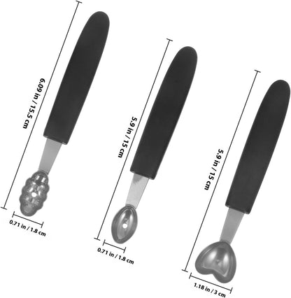 3pcs Stainless Steel Ice Cream Scoop and Melon Baller Set with Wave Oval, Oval, and Heart Shapes for Home Dessert and Fruit Serving