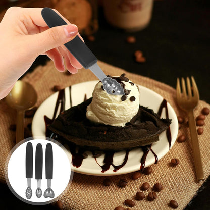 3pcs Stainless Steel Ice Cream Scoop and Melon Baller Set with Wave Oval, Oval, and Heart Shapes for Home Dessert and Fruit Serving