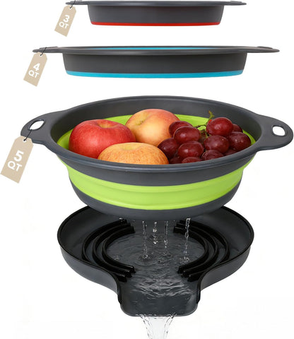 Collapsible Colander Set of 3 with Kitchen Counter Self-draining Base, Round Silicone Food Foldable Strainer for Cooking Pasta, Vegetables and Fruit (3QT, 4QT and 5QT), Black