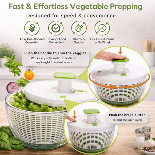 QuickPush Large Salad Spinner, 6.3-Quart Family Size, Manual One-Handed Pump & Brake, BPA-Free Lettuce Spinner, Vegetable Washer Dryer Strainer, Collapsible Handle, Clear Serving Bowl