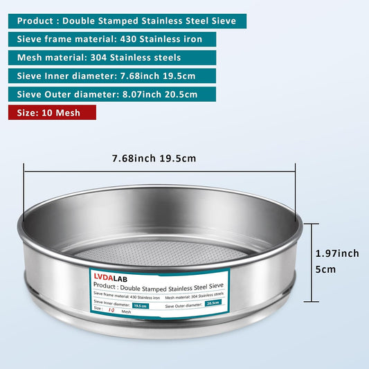 304 Stainless Steel Mesh Lab Sieve, 10 Mesh (2mm) Aperture Test Sieve, 7.9Inch(20cm) Diameter Economy Standard Analysis Sample Test Sieves for Industrial Laboratory Homes - Colors A