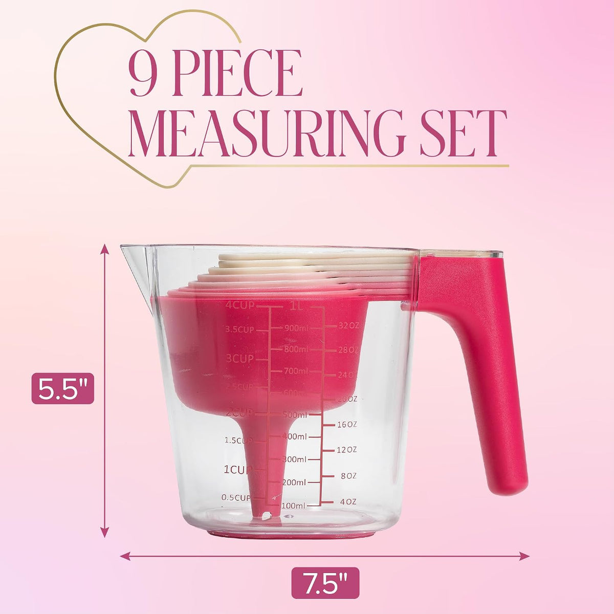 Paris Hilton 9-Piece Measuring Set, Durable Plastic Measuring Cups and Spoons With Funnel and Leveler, Dishwasher Safe, Pink