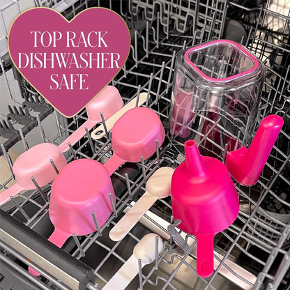 Paris Hilton 9-Piece Measuring Set, Durable Plastic Measuring Cups and Spoons With Funnel and Leveler, Dishwasher Safe, Pink