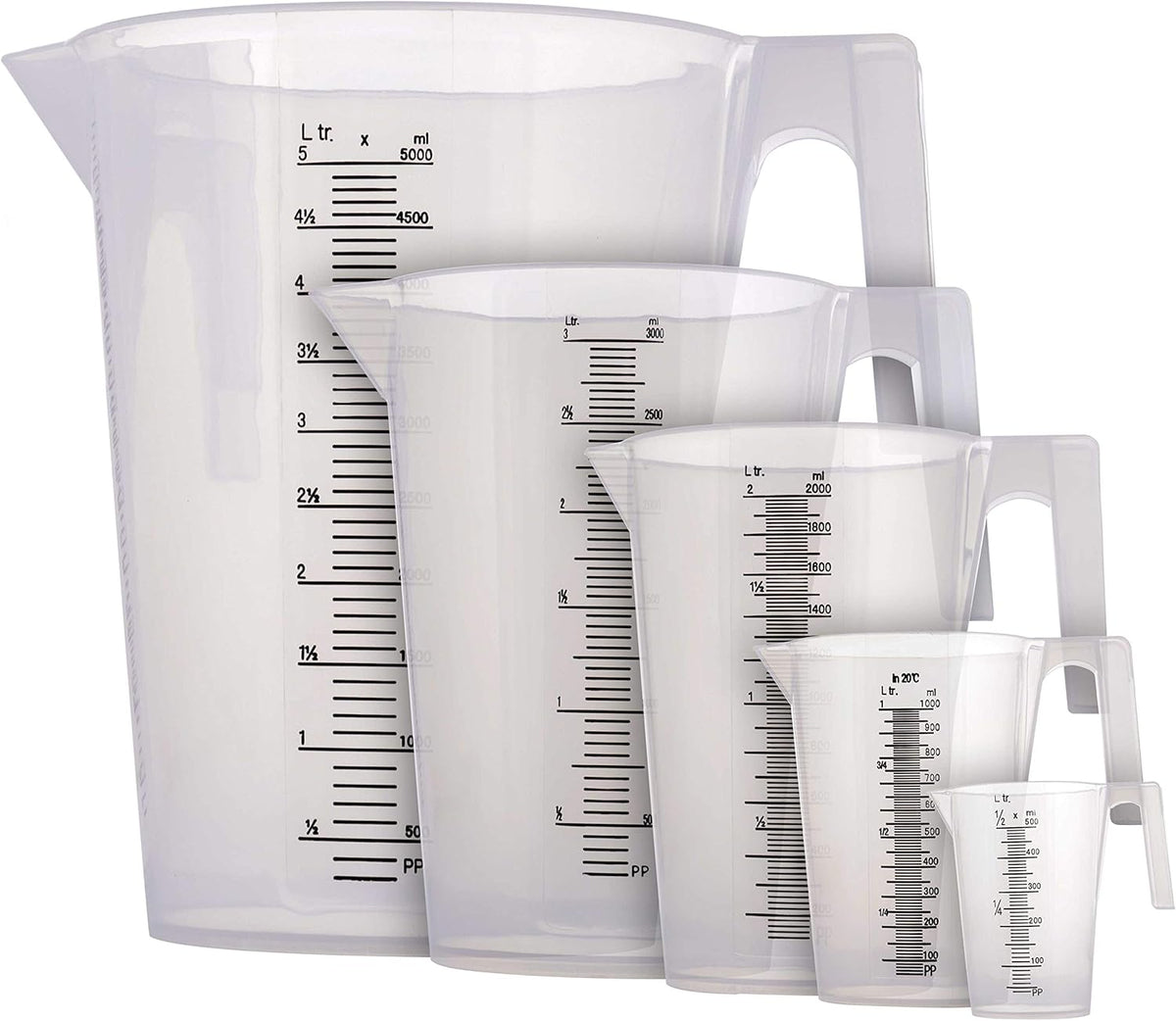 5 Piece Set of Plastic Graduated Measuring and Mixing Pitchers