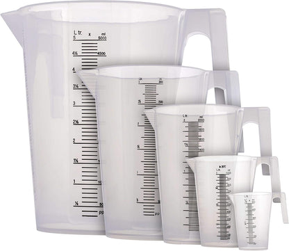 5 Piece Set of Plastic Graduated Measuring and Mixing Pitchers