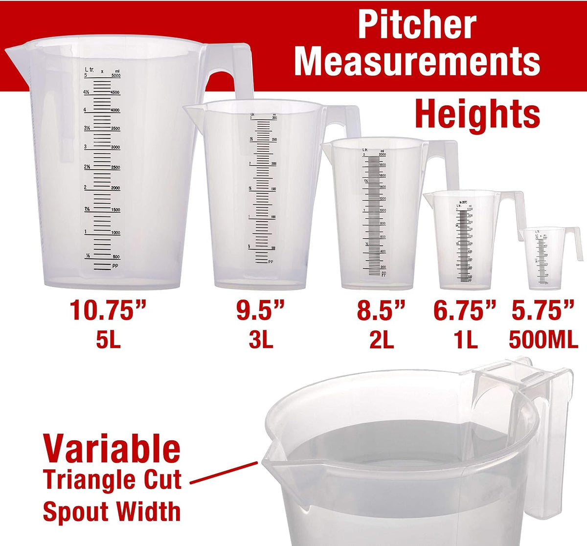 5 Piece Set of Plastic Graduated Measuring and Mixing Pitchers