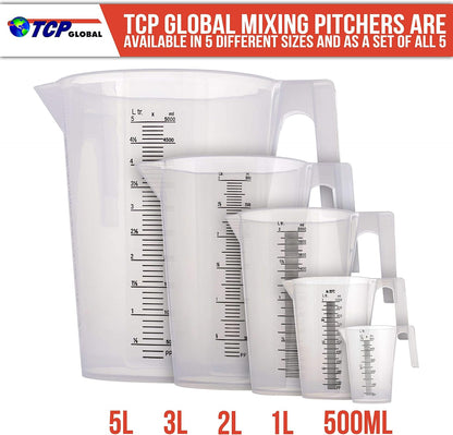 5 Piece Set of Plastic Graduated Measuring and Mixing Pitchers