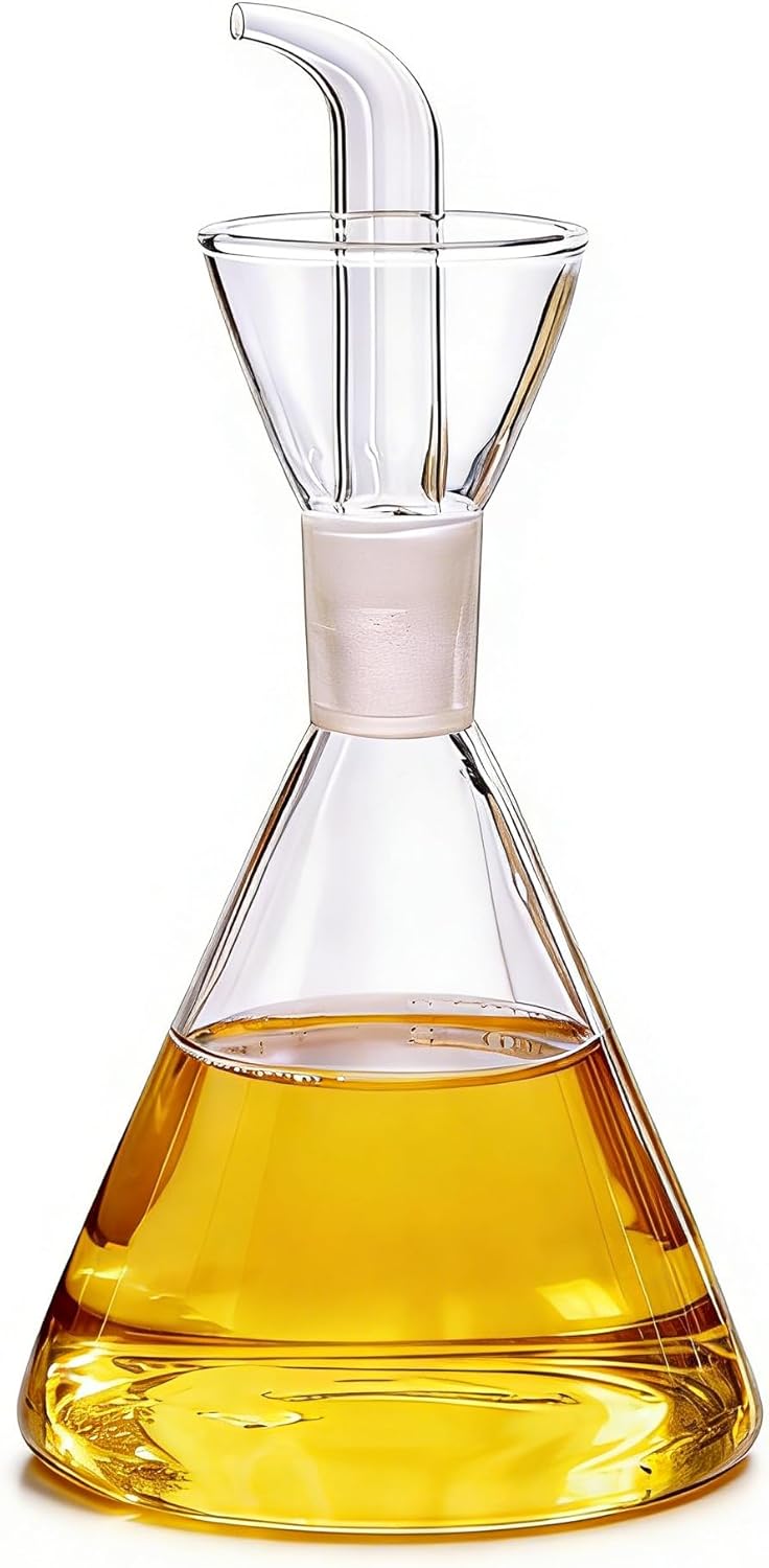 Conical 8 oz No Drip Olive Oil Cruet,Leak-Proof Spout, Easy Refill | Food-Grade Borosilicate Glass Oil Dispenser for Kitchen