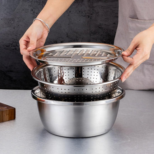 3 in 1 Stainless Steel Grater Shredder Slicer with Colander Drain Basin Bowl for Vegetables Fruits Salad as Washing Basket in Kitchen