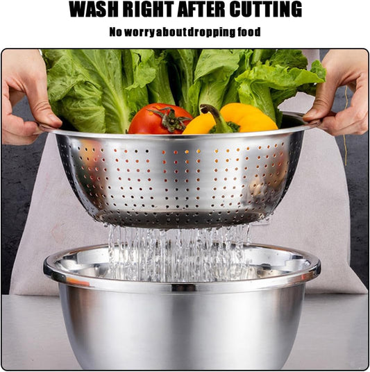 3 in 1 Stainless Steel Grater Shredder Slicer with Colander Drain Basin Bowl for Vegetables Fruits Salad as Washing Basket in Kitchen