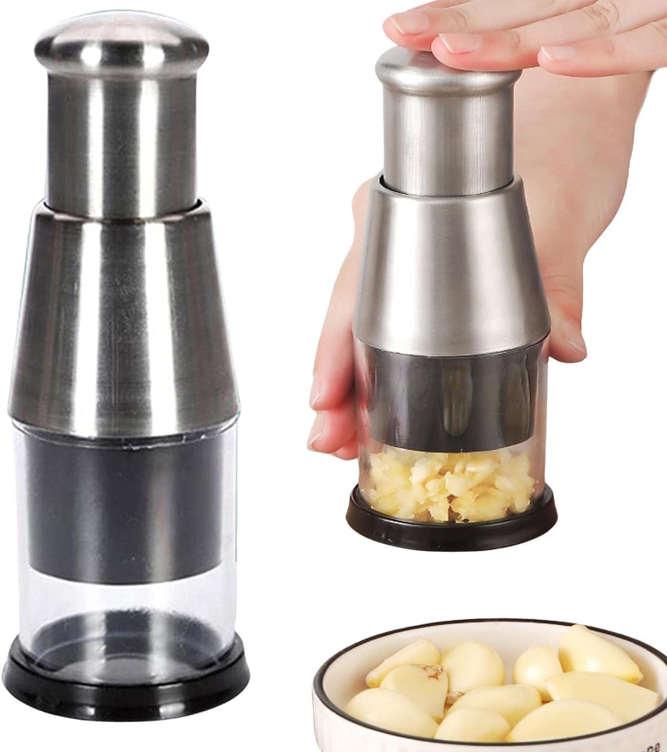 Silver Pressed Garlic Chopper - Multi-Functional Manual Garlic Press and Masher, Stainless Steel 304 Multi-Purpose Kitchen Aid