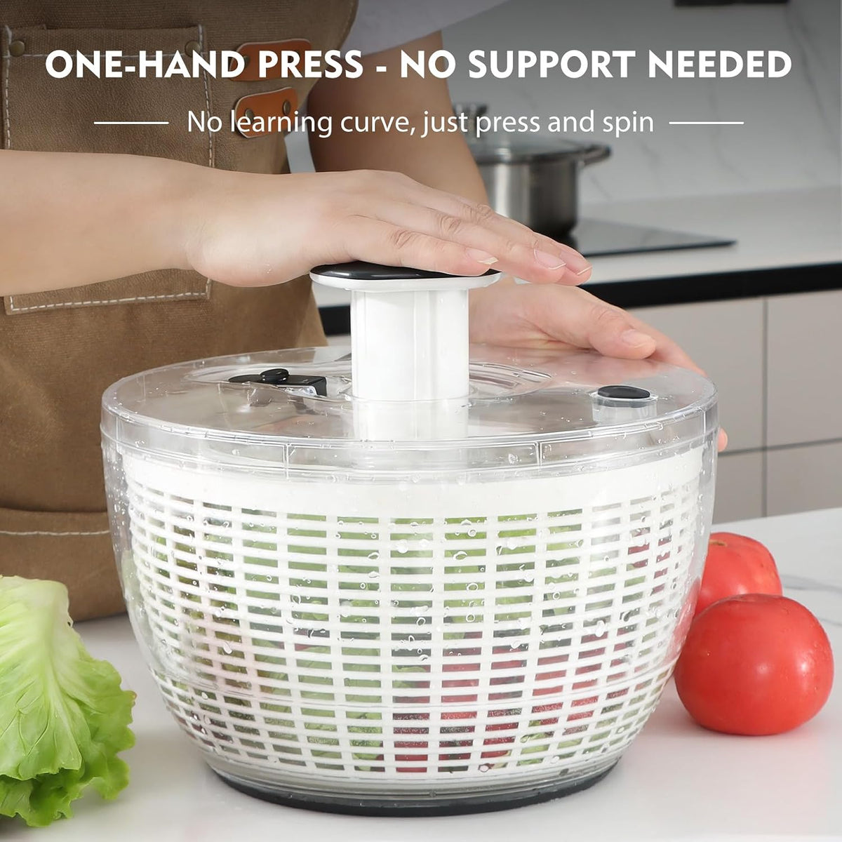 6.3 QT Salad Spinner with Fully Removable Lid, Large Lettuce Dryer with One-Hand Press Pump, Instant Stop Brake Button and Retractable Handle, Vegetable Washer & Spinner for Greens and Herbs