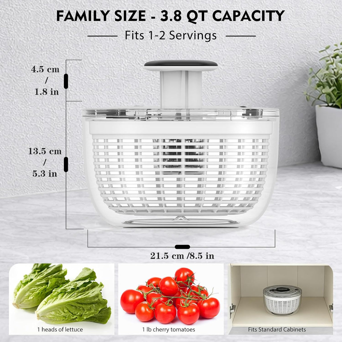 6.3 QT Salad Spinner with Fully Removable Lid, Large Lettuce Dryer with One-Hand Press Pump, Instant Stop Brake Button and Retractable Handle, Vegetable Washer & Spinner for Greens and Herbs