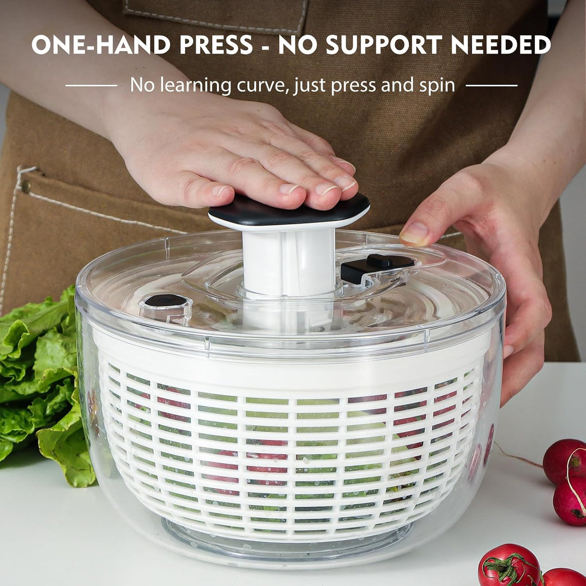 6.3 QT Salad Spinner with Fully Removable Lid, Large Lettuce Dryer with One-Hand Press Pump, Instant Stop Brake Button and Retractable Handle, Vegetable Washer & Spinner for Greens and Herbs
