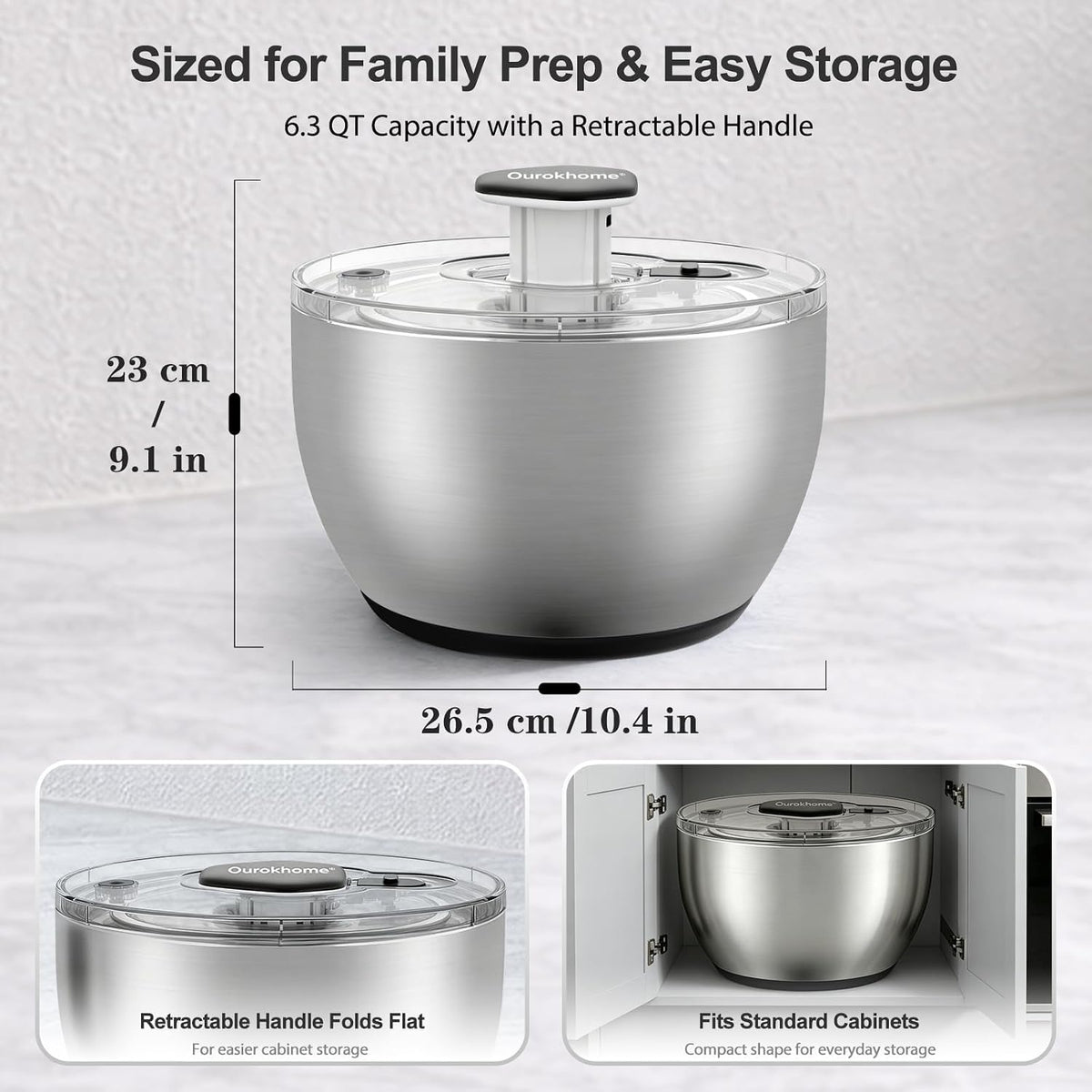 6.3 QT Salad Spinner with Fully Removable Lid, Large Lettuce Dryer with One-Hand Press Pump, Instant Stop Brake Button and Retractable Handle, Vegetable Washer & Spinner for Greens and Herbs