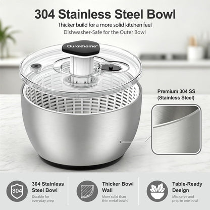 6.3 QT Salad Spinner with Fully Removable Lid, Large Lettuce Dryer with One-Hand Press Pump, Instant Stop Brake Button and Retractable Handle, Vegetable Washer & Spinner for Greens and Herbs