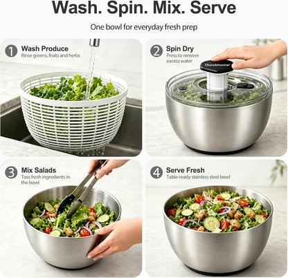 6.3 QT Salad Spinner with Fully Removable Lid, Large Lettuce Dryer with One-Hand Press Pump, Instant Stop Brake Button and Retractable Handle, Vegetable Washer & Spinner for Greens and Herbs