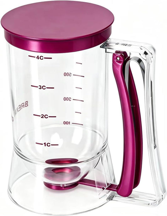 Pancake Batter Dispenser – 4-Cup Batter Dispenser with Squeeze Handle & Measuring Marks for Pancakes, Waffles, Muffins, Crepes & Cupcakes – Baking Tool (purple)
