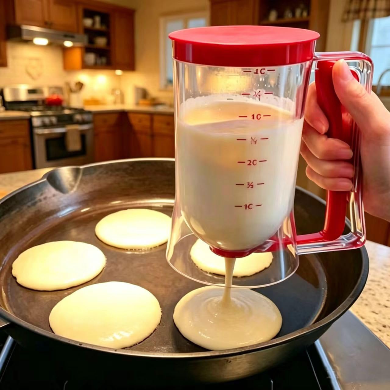 Pancake Batter Dispenser – 4-Cup Batter Dispenser with Squeeze Handle & Measuring Marks for Pancakes, Waffles, Muffins, Crepes & Cupcakes – Baking Tool (purple)
