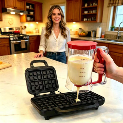 Pancake Batter Dispenser – 4-Cup Batter Dispenser with Squeeze Handle & Measuring Marks for Pancakes, Waffles, Muffins, Crepes & Cupcakes – Baking Tool (purple)