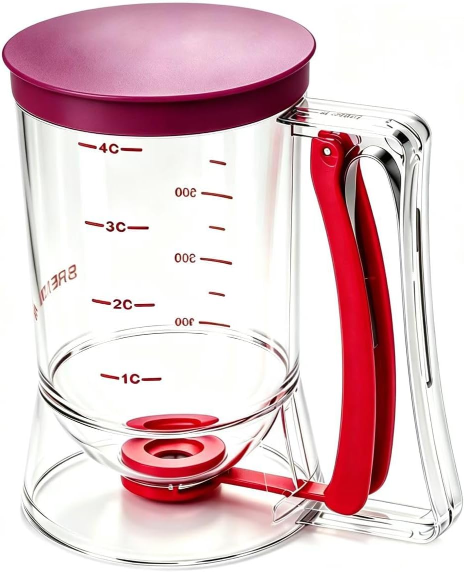 Pancake Batter Dispenser – 4-Cup Batter Dispenser with Squeeze Handle & Measuring Marks for Pancakes, Waffles, Muffins, Crepes & Cupcakes – Baking Tool (purple)