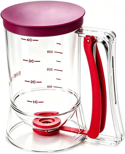 Pancake Batter Dispenser – 4-Cup Batter Dispenser with Squeeze Handle & Measuring Marks for Pancakes, Waffles, Muffins, Crepes & Cupcakes – Baking Tool (purple)
