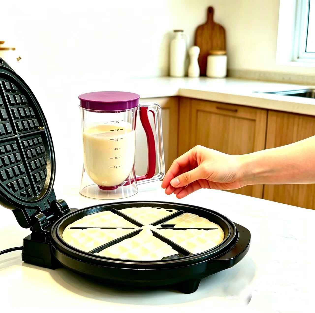 Pancake Batter Dispenser – 4-Cup Batter Dispenser with Squeeze Handle & Measuring Marks for Pancakes, Waffles, Muffins, Crepes & Cupcakes – Baking Tool (purple)