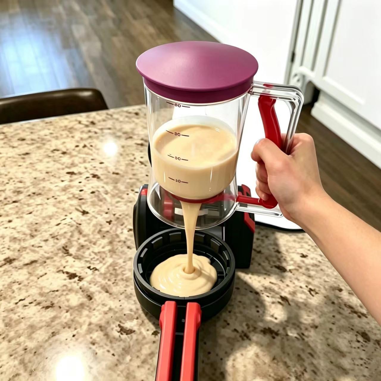 Pancake Batter Dispenser – 4-Cup Batter Dispenser with Squeeze Handle & Measuring Marks for Pancakes, Waffles, Muffins, Crepes & Cupcakes – Baking Tool (purple)