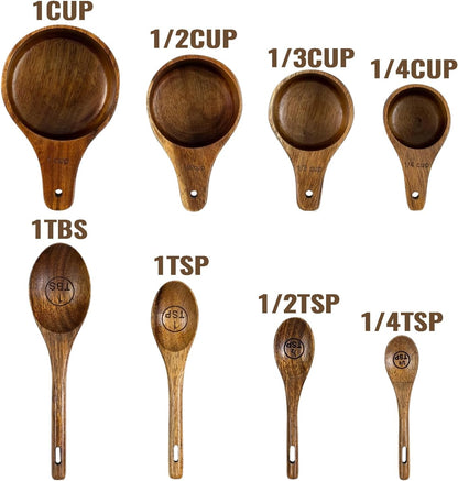 Wooden Measuring Cups and Spoons Set - Eco-Friendly Solid Acacia Wood, Laser Engraved Measurements, Perfect for Baking & Cooking - Ideal for Bakers, Chefs & Home Cooks（brown）