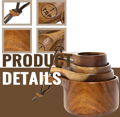 Wooden Measuring Cups and Spoons Set - Eco-Friendly Solid Acacia Wood, Laser Engraved Measurements, Perfect for Baking & Cooking - Ideal for Bakers, Chefs & Home Cooks（brown）