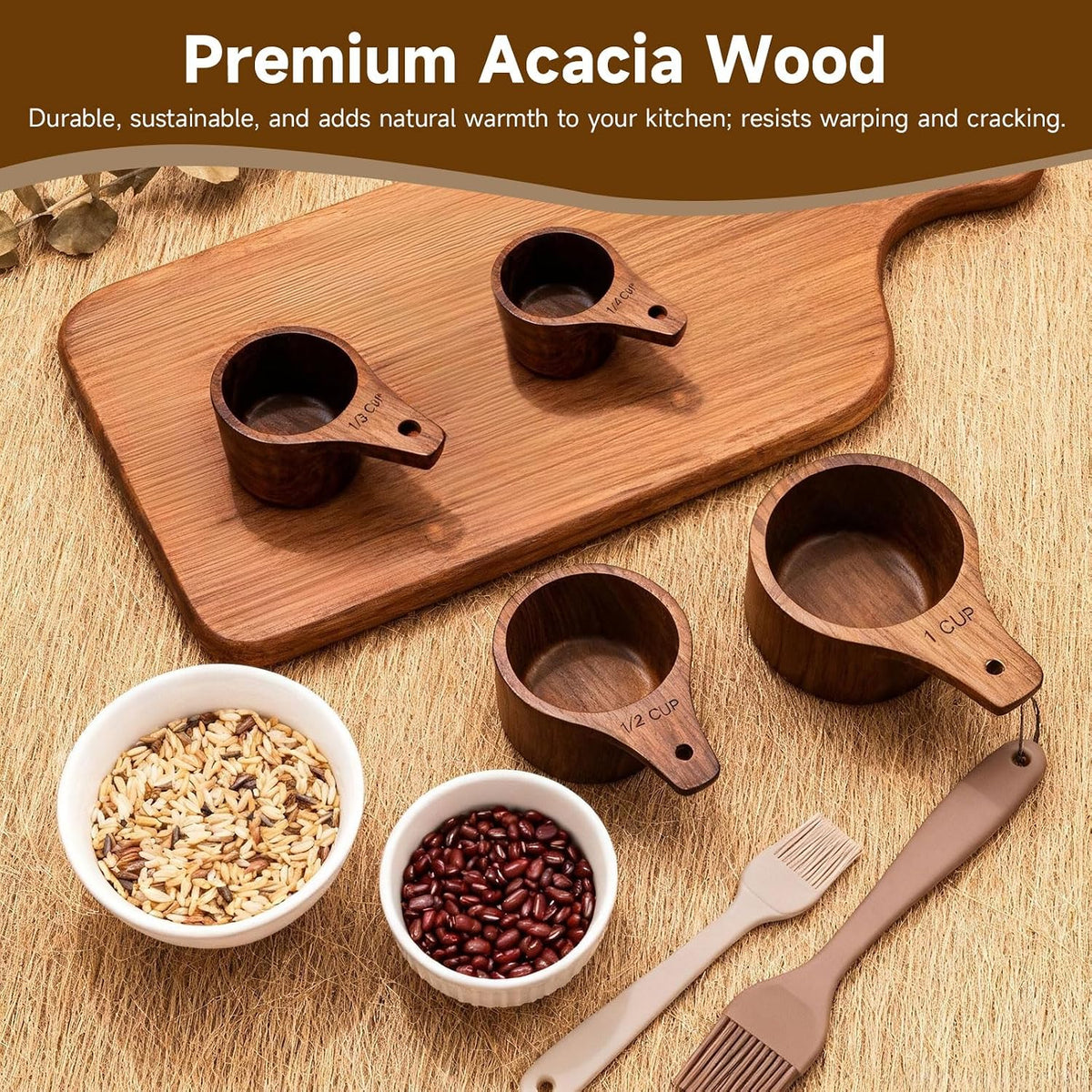 Wooden Measuring Cups and Spoons Set - Eco-Friendly Solid Acacia Wood, Laser Engraved Measurements, Perfect for Baking & Cooking - Ideal for Bakers, Chefs & Home Cooks（brown）