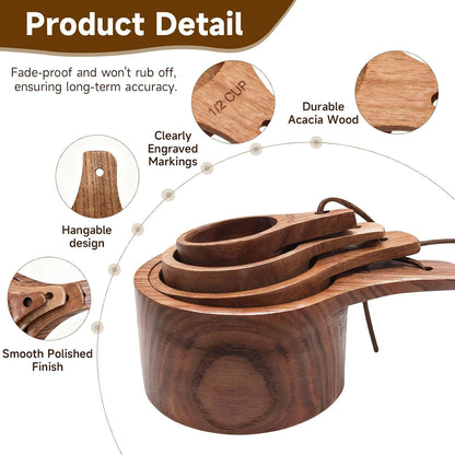 Wooden Measuring Cups and Spoons Set - Eco-Friendly Solid Acacia Wood, Laser Engraved Measurements, Perfect for Baking & Cooking - Ideal for Bakers, Chefs & Home Cooks（brown）