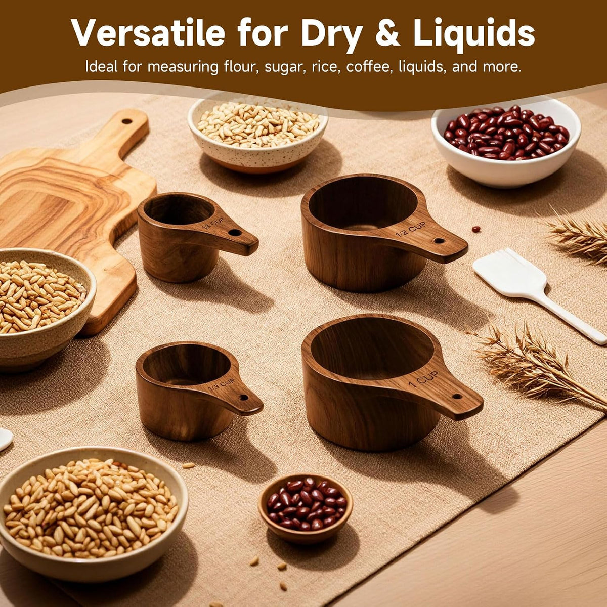 Wooden Measuring Cups and Spoons Set - Eco-Friendly Solid Acacia Wood, Laser Engraved Measurements, Perfect for Baking & Cooking - Ideal for Bakers, Chefs & Home Cooks（brown）