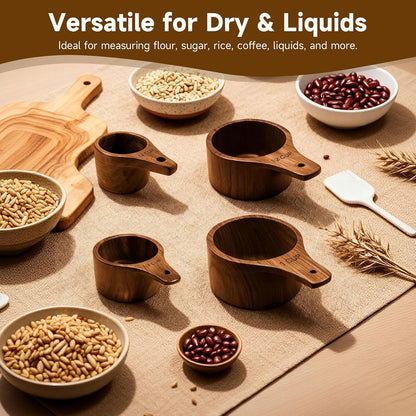 Wooden Measuring Cups and Spoons Set - Eco-Friendly Solid Acacia Wood, Laser Engraved Measurements, Perfect for Baking & Cooking - Ideal for Bakers, Chefs & Home Cooks（brown）