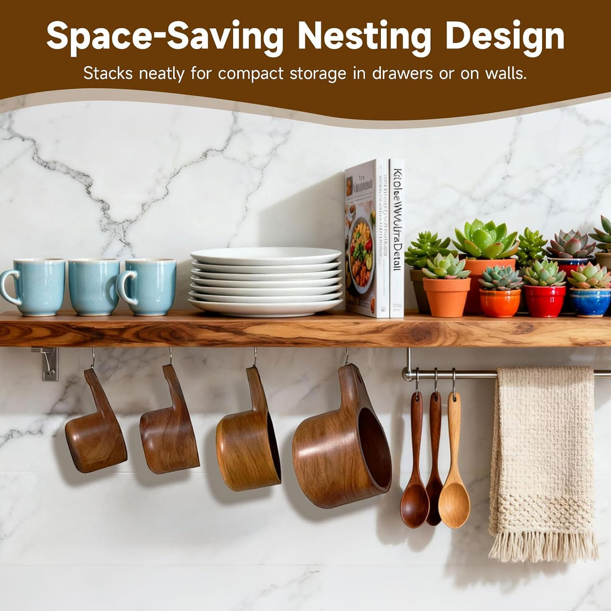 Wooden Measuring Cups and Spoons Set - Eco-Friendly Solid Acacia Wood, Laser Engraved Measurements, Perfect for Baking & Cooking - Ideal for Bakers, Chefs & Home Cooks（brown）