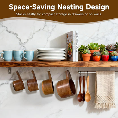 Wooden Measuring Cups and Spoons Set - Eco-Friendly Solid Acacia Wood, Laser Engraved Measurements, Perfect for Baking & Cooking - Ideal for Bakers, Chefs & Home Cooks（brown）
