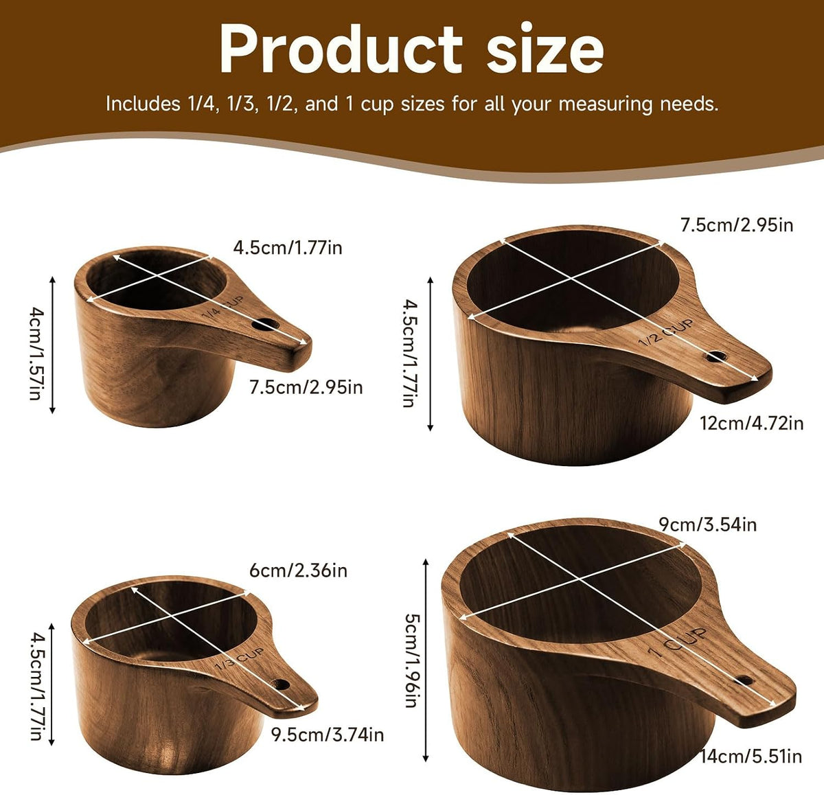 Wooden Measuring Cups and Spoons Set - Eco-Friendly Solid Acacia Wood, Laser Engraved Measurements, Perfect for Baking & Cooking - Ideal for Bakers, Chefs & Home Cooks（brown）