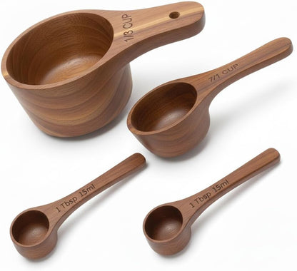 Wooden Measuring Cups and Spoons Set - Eco-Friendly Solid Acacia Wood, Laser Engraved Measurements, Perfect for Baking & Cooking - Ideal for Bakers, Chefs & Home Cooks（brown）