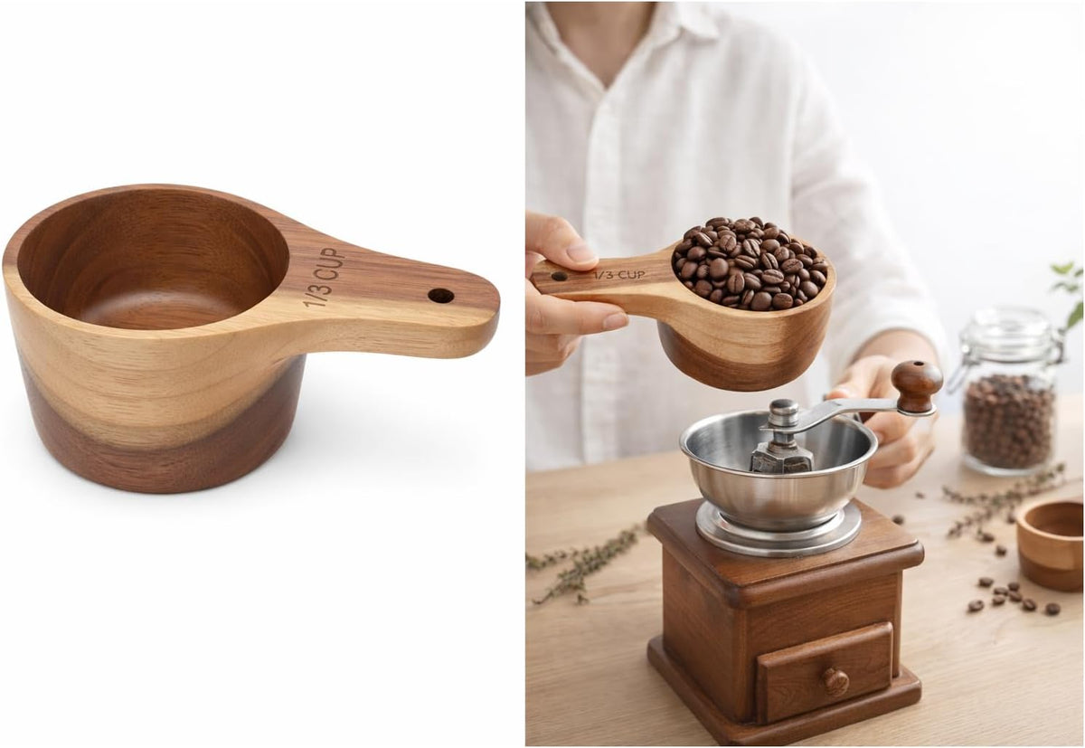 Wooden Measuring Cups and Spoons Set - Eco-Friendly Solid Acacia Wood, Laser Engraved Measurements, Perfect for Baking & Cooking - Ideal for Bakers, Chefs & Home Cooks（brown）