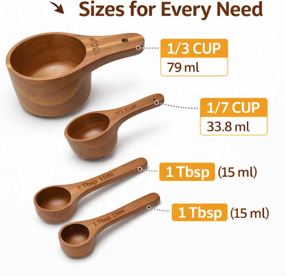 Wooden Measuring Cups and Spoons Set - Eco-Friendly Solid Acacia Wood, Laser Engraved Measurements, Perfect for Baking & Cooking - Ideal for Bakers, Chefs & Home Cooks（brown）