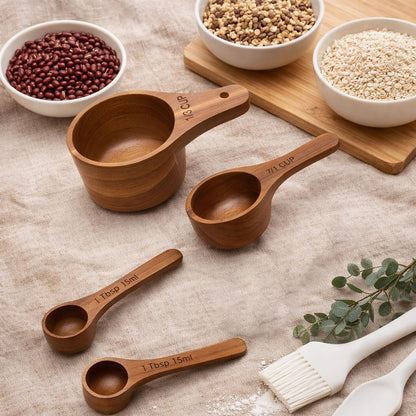 Wooden Measuring Cups and Spoons Set - Eco-Friendly Solid Acacia Wood, Laser Engraved Measurements, Perfect for Baking & Cooking - Ideal for Bakers, Chefs & Home Cooks（brown）