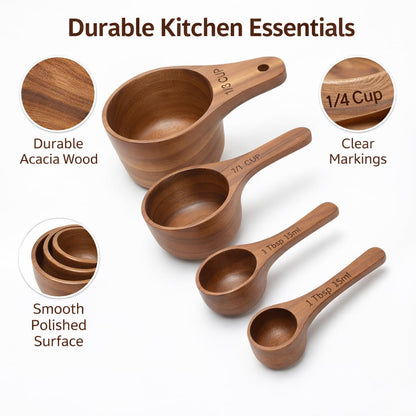 Wooden Measuring Cups and Spoons Set - Eco-Friendly Solid Acacia Wood, Laser Engraved Measurements, Perfect for Baking & Cooking - Ideal for Bakers, Chefs & Home Cooks（brown）
