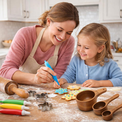 Wooden Measuring Cups and Spoons Set - Eco-Friendly Solid Acacia Wood, Laser Engraved Measurements, Perfect for Baking & Cooking - Ideal for Bakers, Chefs & Home Cooks（brown）